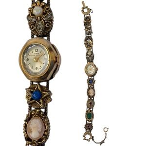 Goldette NY Victorian Multi-Gemstone Gold tone Slide Charm Oris Watch Bracelet